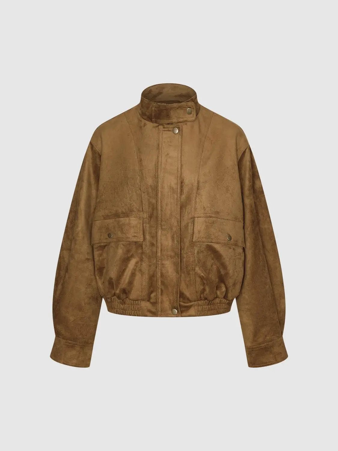 Snap Button Elasticated Hem Stand Collar Long Sleeve Jacket