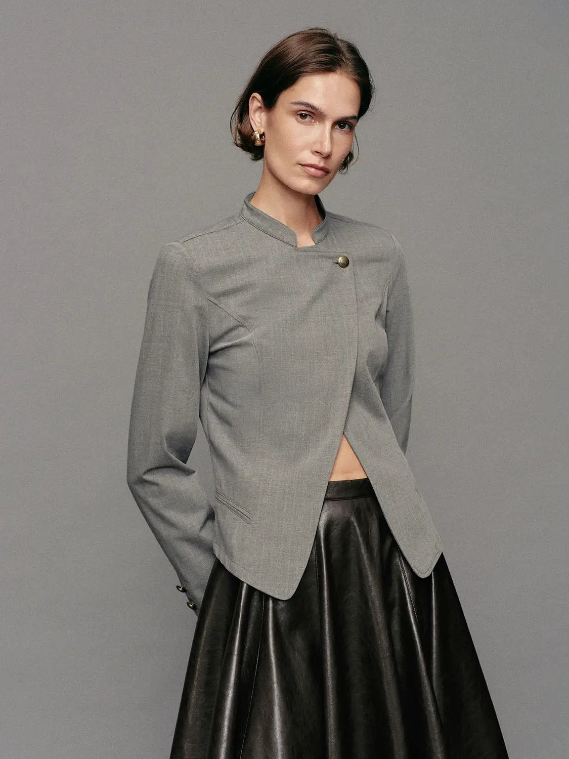 Mandarin Collar Asymmetric Wrap Long Sleeve Jacket
