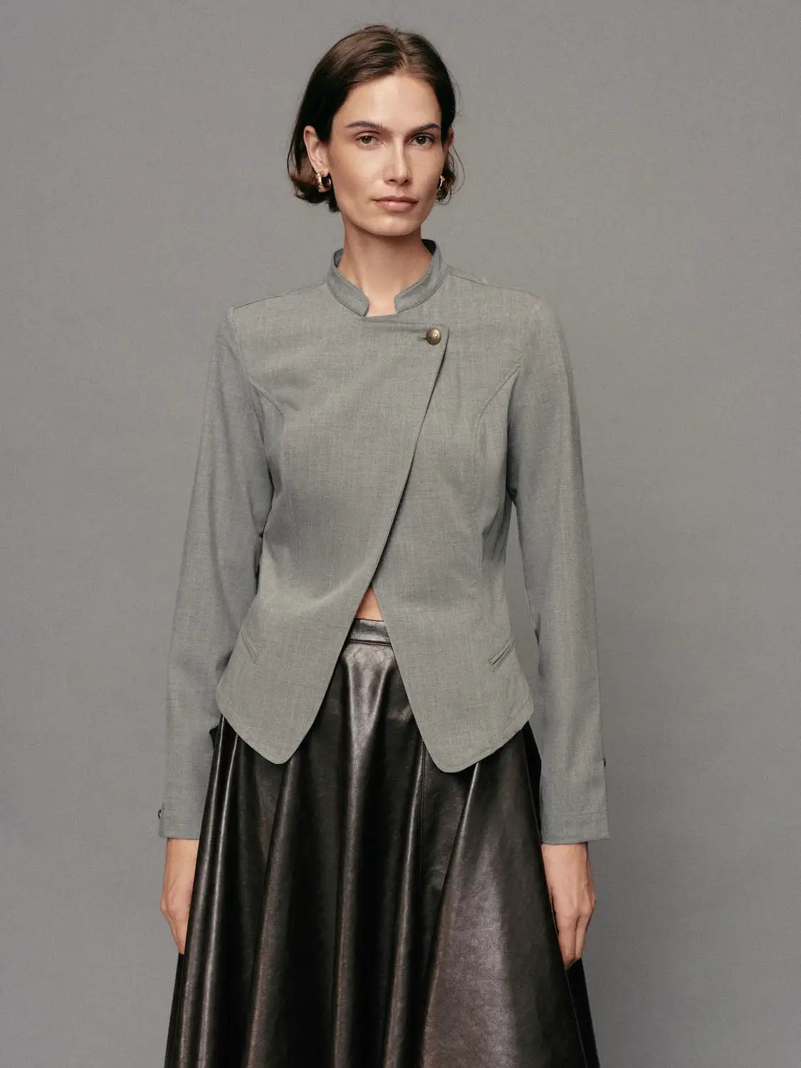 Mandarin Collar Asymmetric Wrap Long Sleeve Jacket