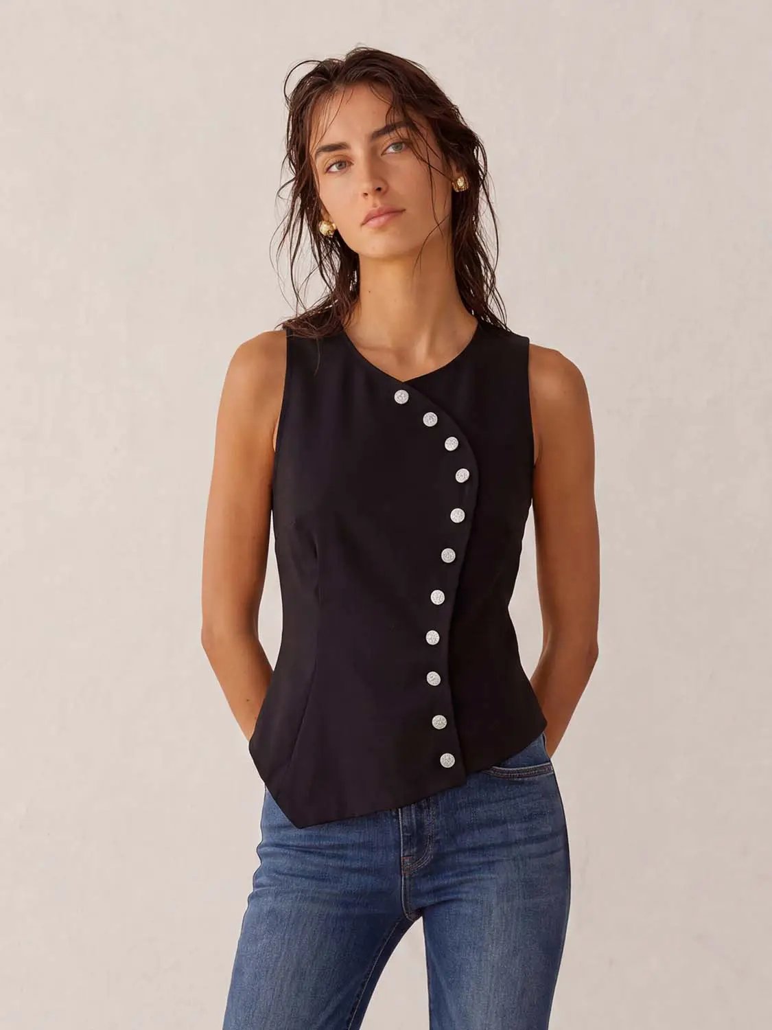 Fitted Asymmetric Button Front Sleeveless Vest