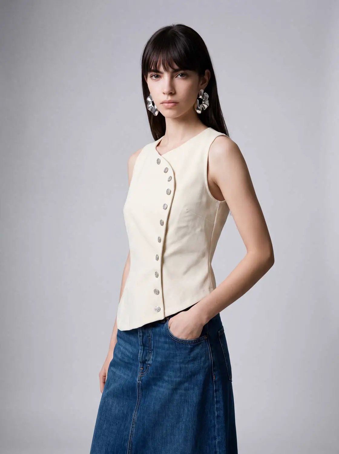 Fitted Asymmetric Button Front Sleeveless Vest