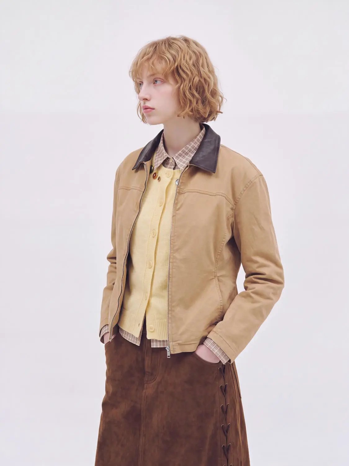 Tan Contrast Collar Cotton Blend Long Sleeve Jacket