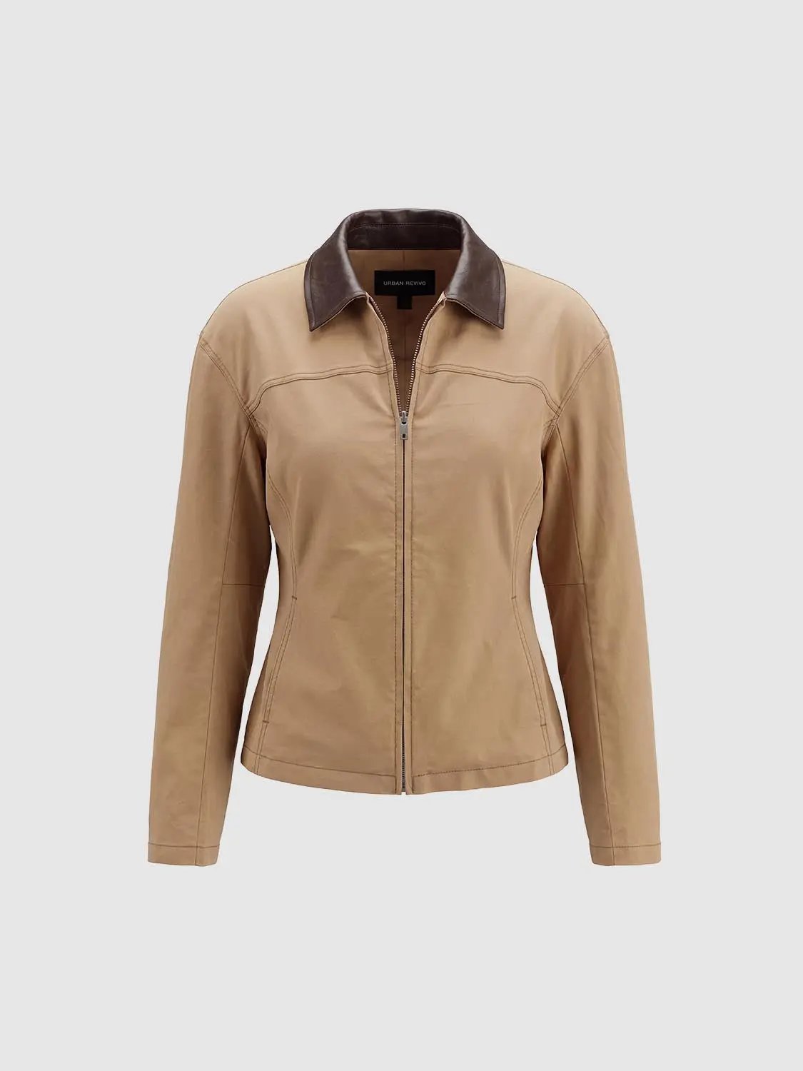 Tan Contrast Collar Cotton Blend Long Sleeve Jacket