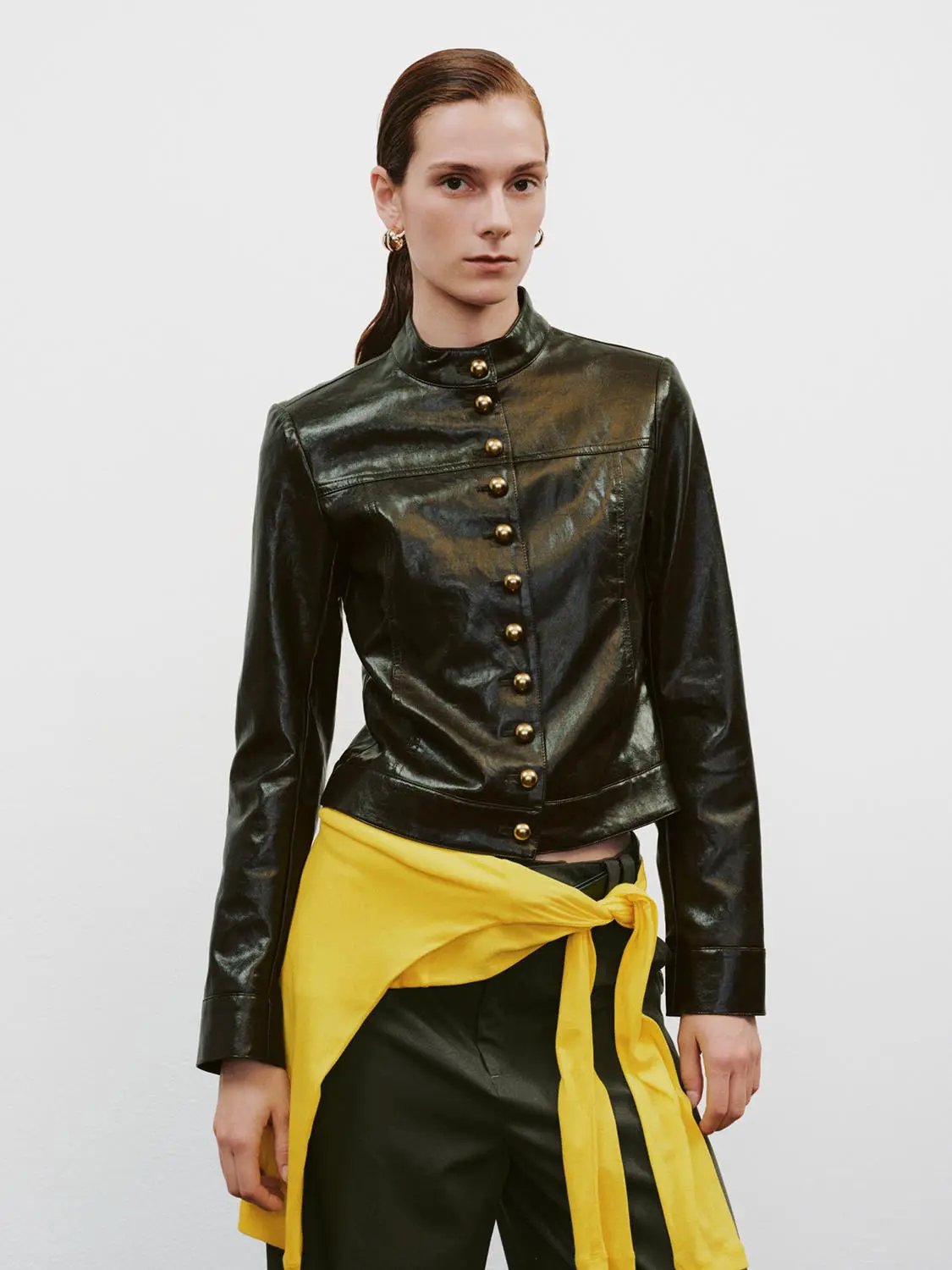 Fitted Single Breasted Gold Button Front Long Sleeve Jacket