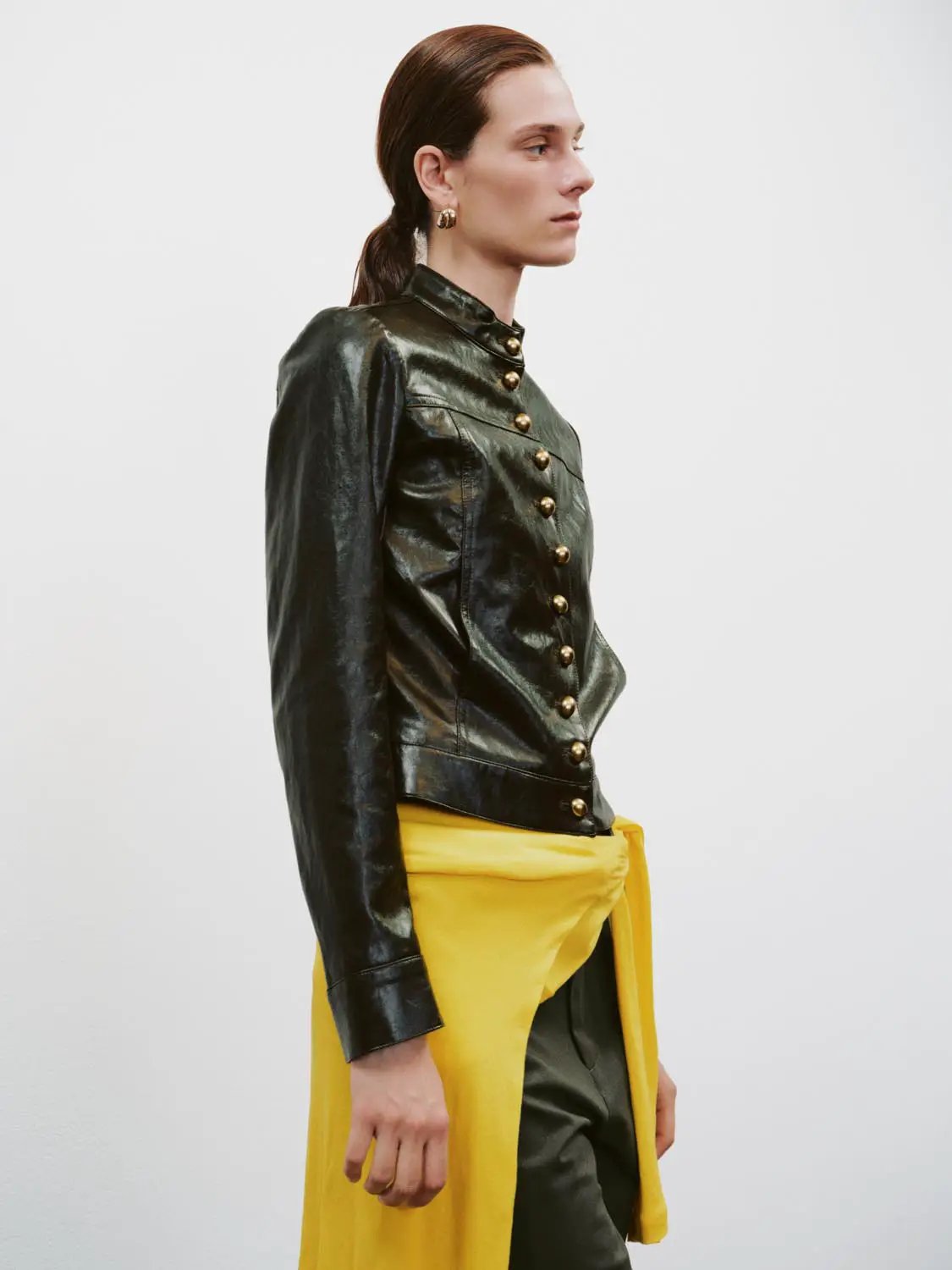 Fitted Single Breasted Gold Button Front Long Sleeve Jacket