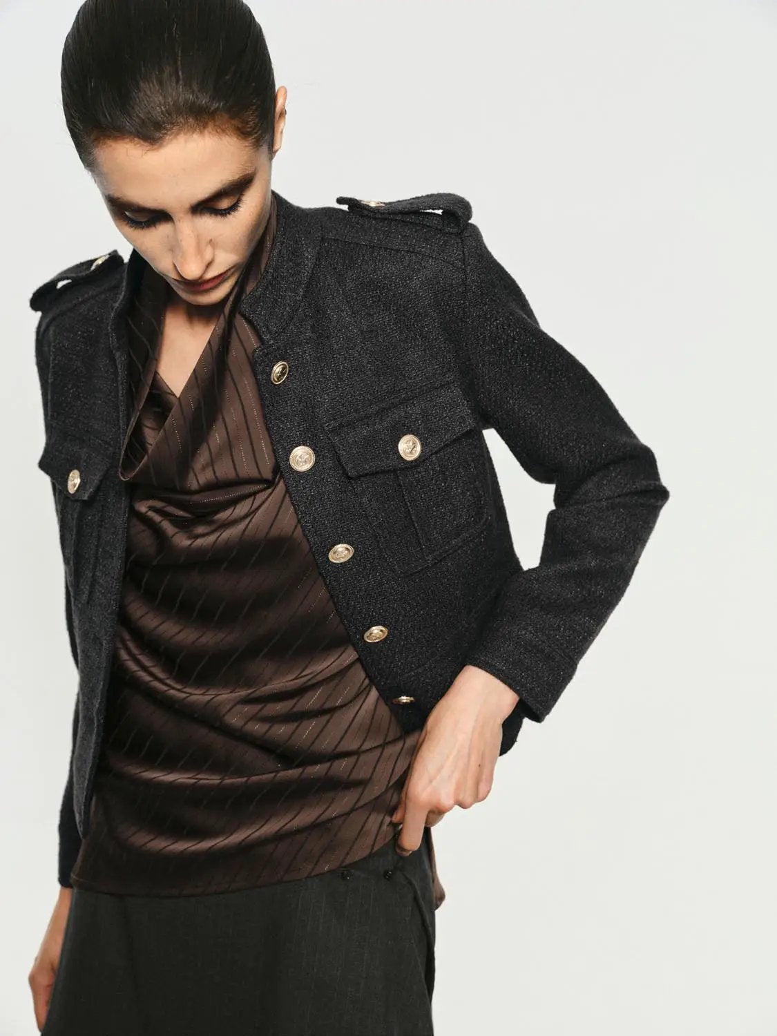 Epaulettes Button Front Flared Hem Stand Collar Jacket