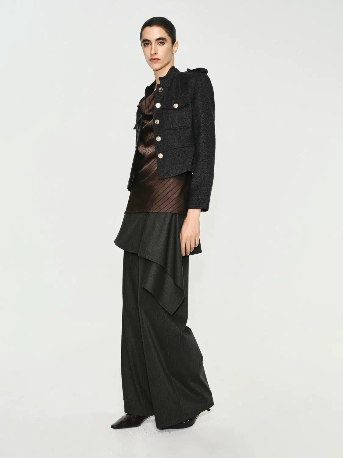 Epaulettes Button Front Flared Hem Stand Collar Jacket