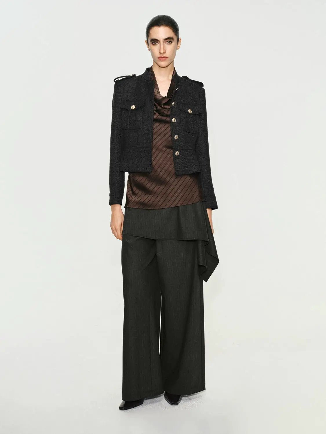 Epaulettes Button Front Flared Hem Stand Collar Jacket