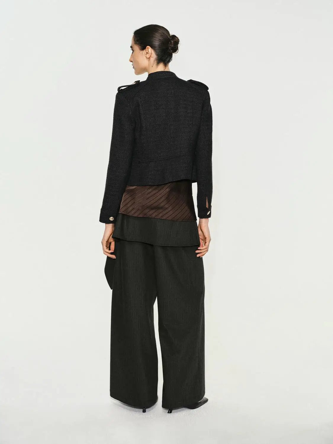 Epaulettes Button Front Flared Hem Stand Collar Jacket