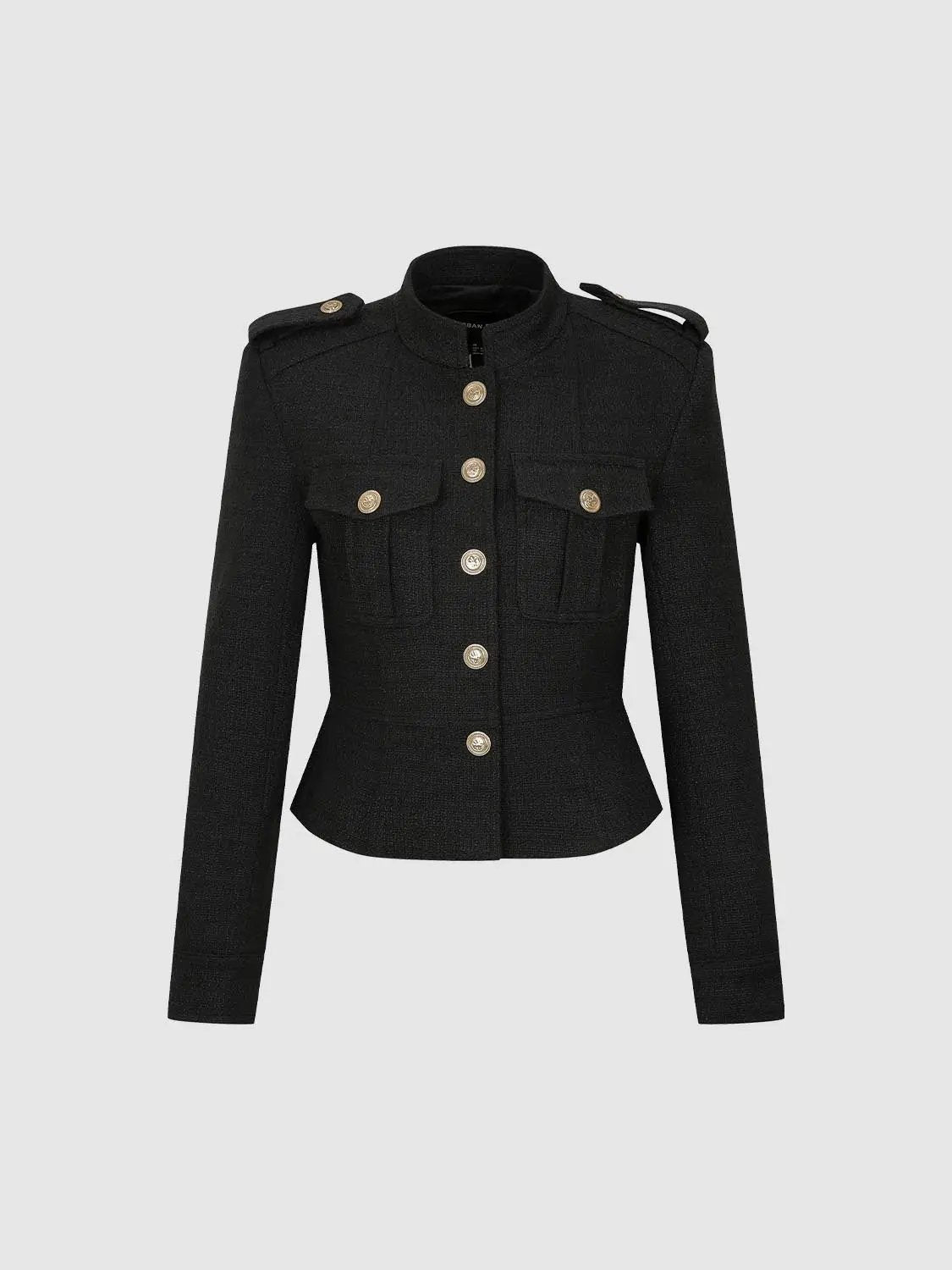 Epaulettes Button Front Flared Hem Stand Collar Jacket