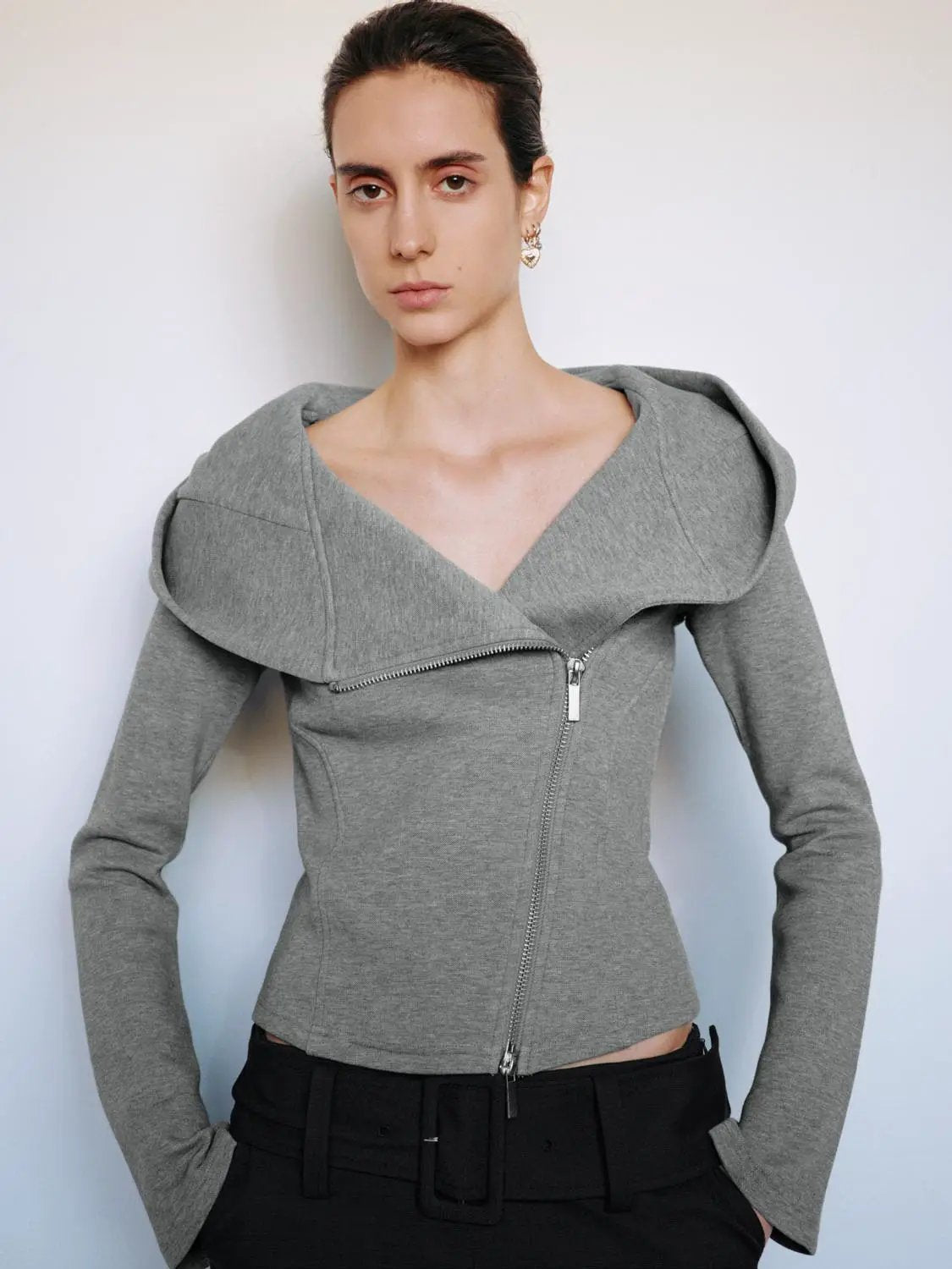 Fitted Asymmetric Zip Long Sleeve Cotton Blend Hooded Jacket