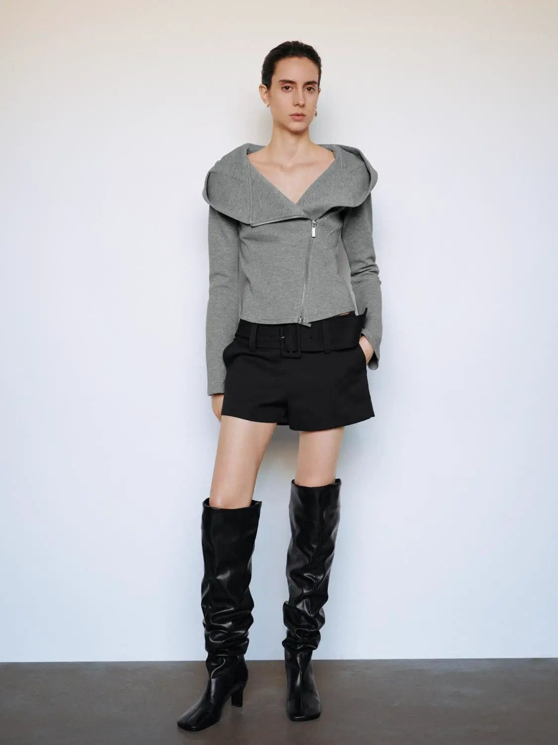 Fitted Asymmetric Zip Long Sleeve Cotton Blend Hooded Jacket