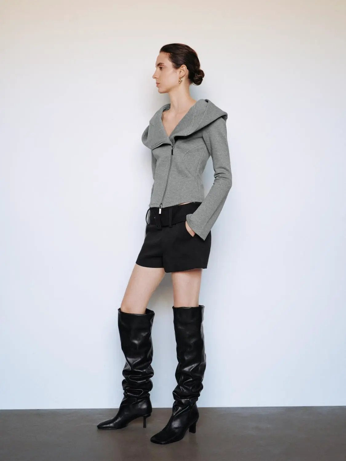 Fitted Asymmetric Zip Long Sleeve Cotton Blend Hooded Jacket
