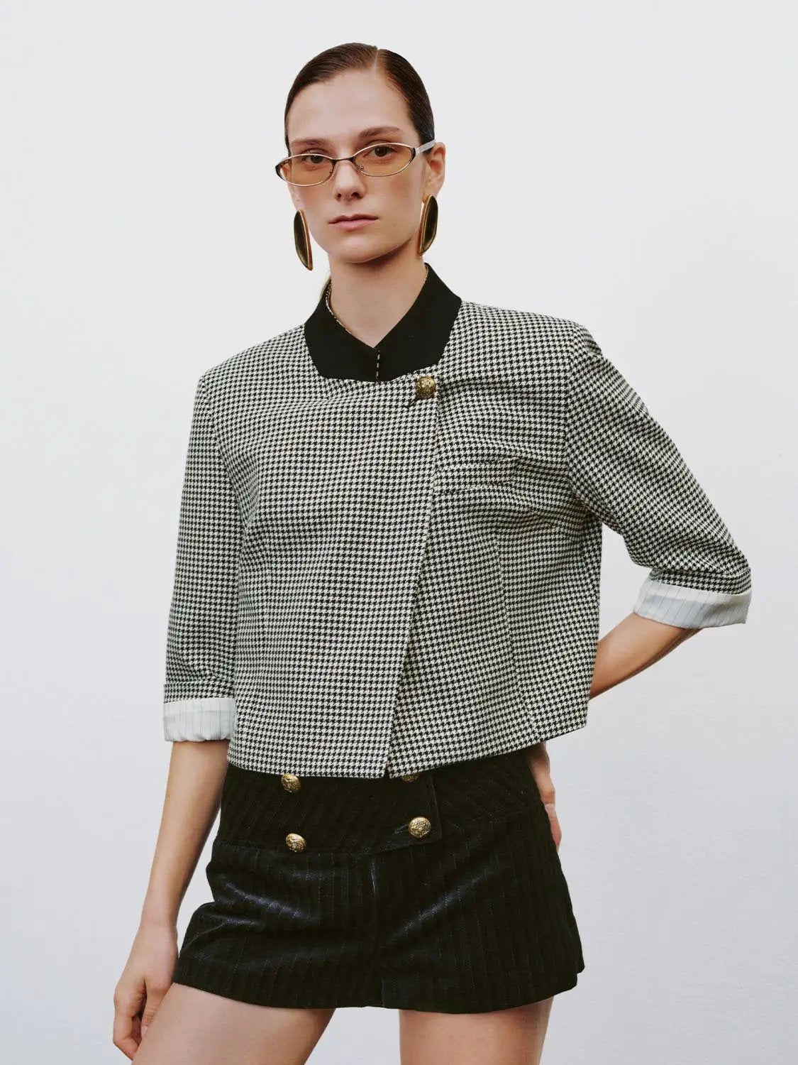 Fitted Checked Long Sleeve Black Collar Jacket