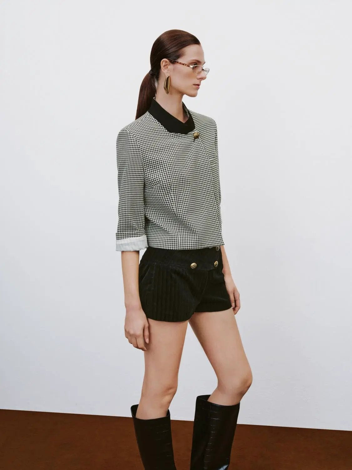 Fitted Checked Long Sleeve Black Collar Jacket