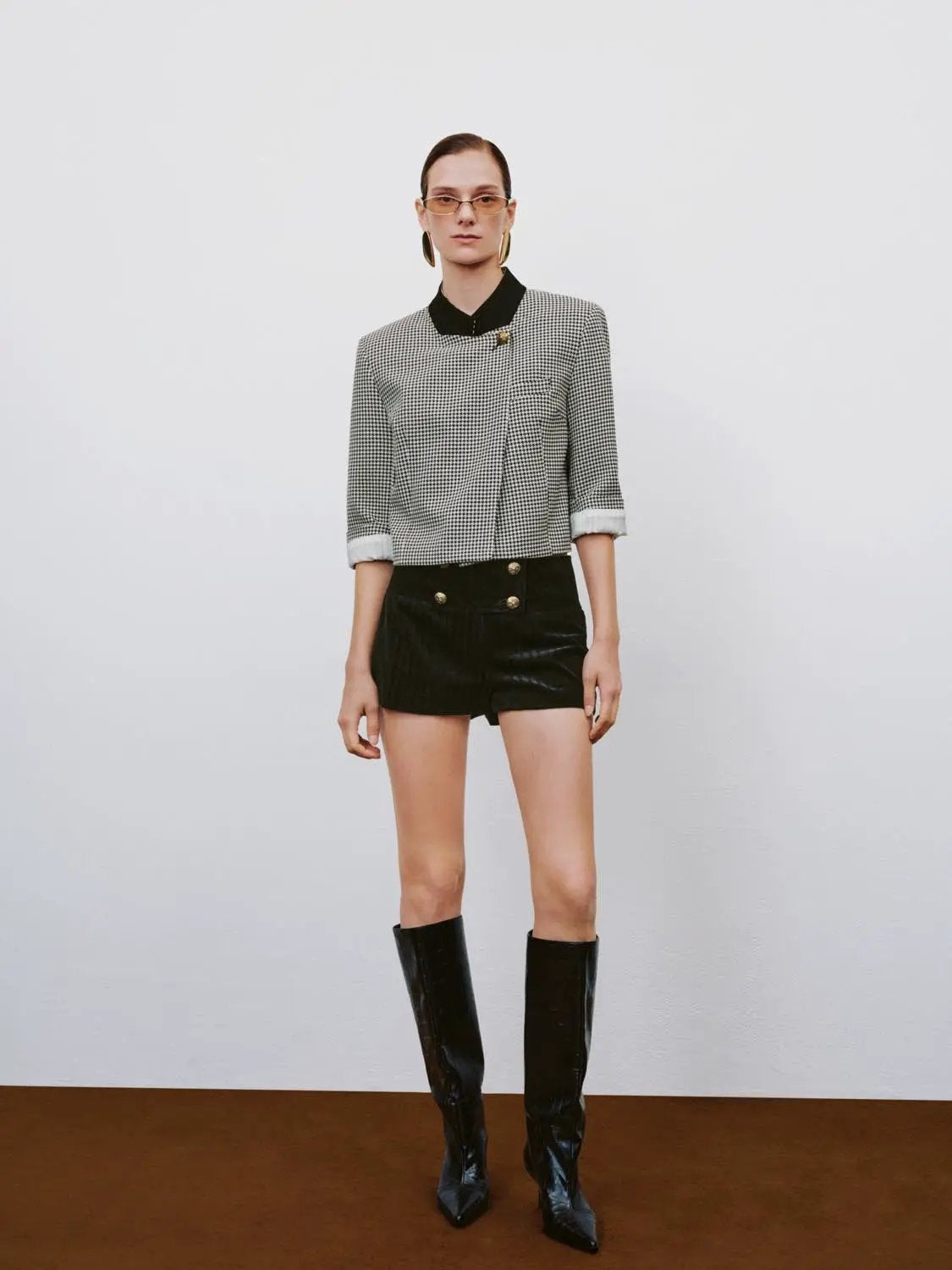 Fitted Checked Long Sleeve Black Collar Jacket