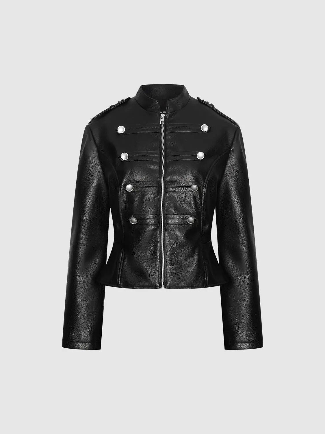Double-Breasted Fitted Stand Collar Long Sleeve Peplum Jacket