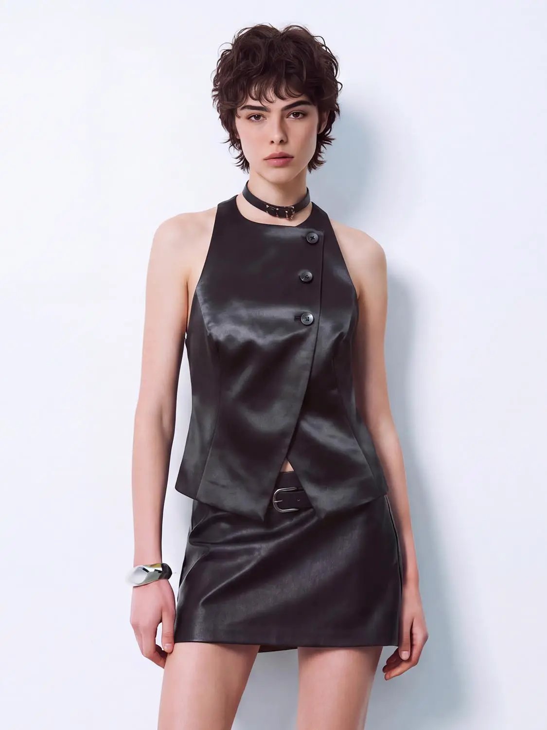 Textured Layered Asymmetric Button Sleeveless Vest