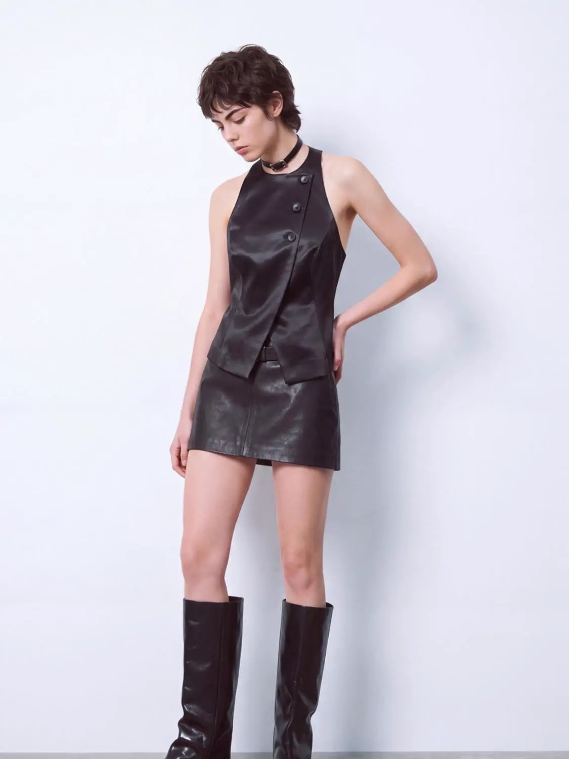 Textured Layered Asymmetric Button Sleeveless Vest