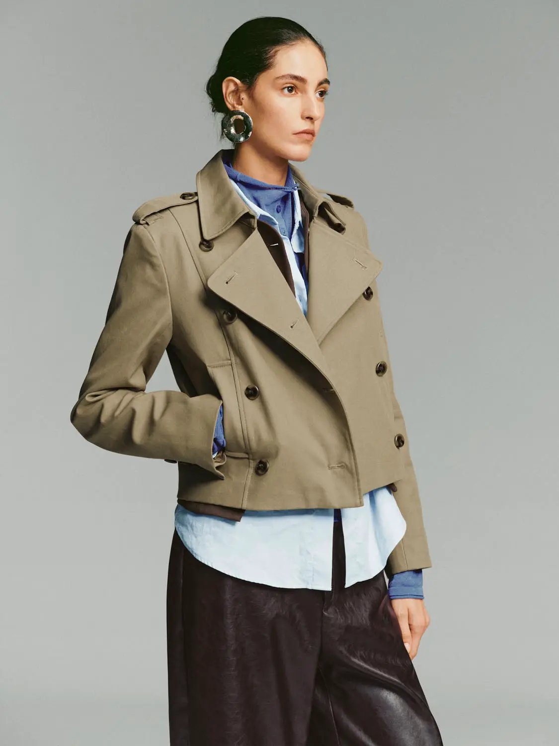 Short Double-Breasted Long Sleeve Belted Cotton Trench Coat