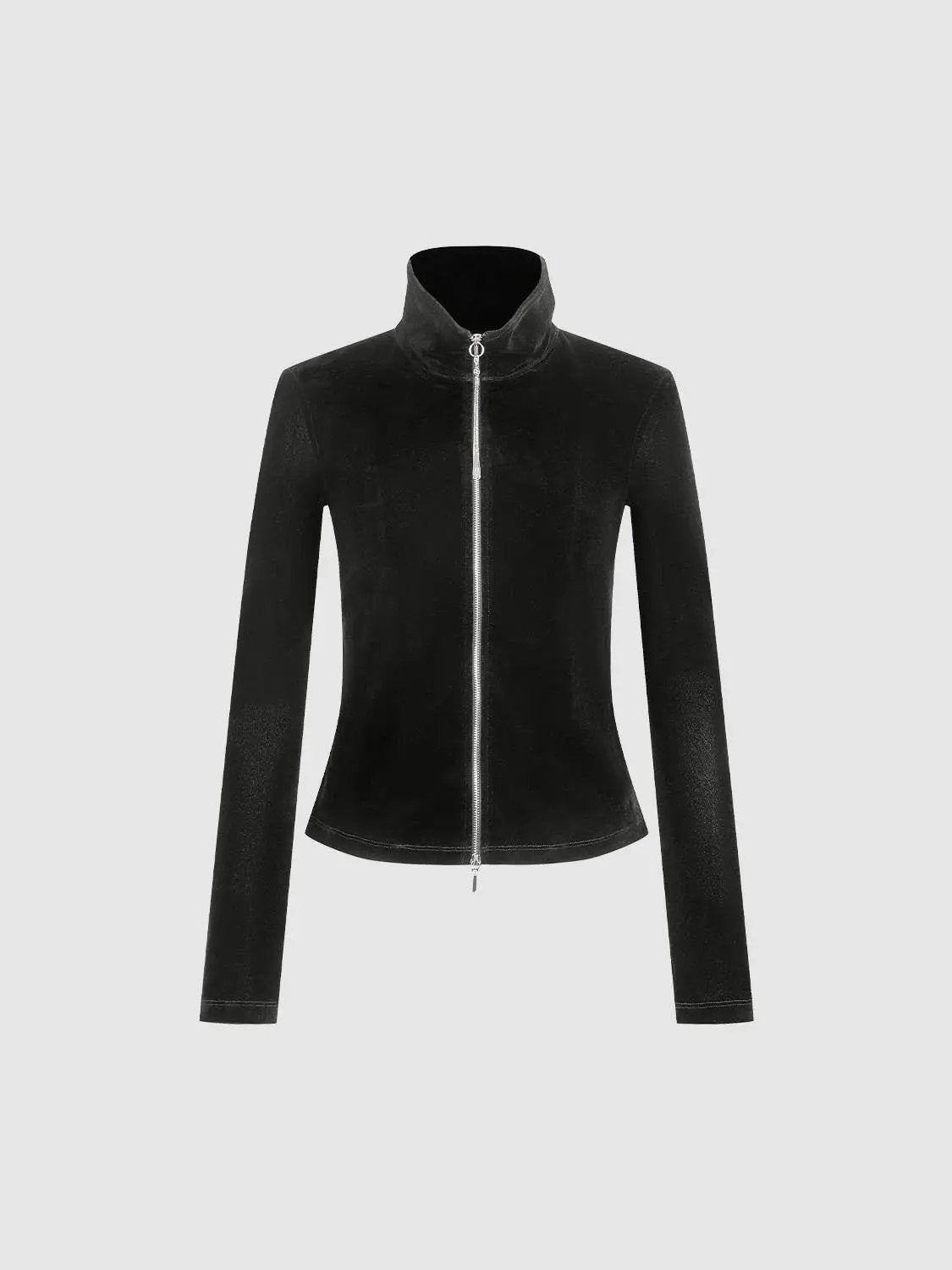 Fitted Long Sleeve Mock Neck Zip Front Textured Jacket