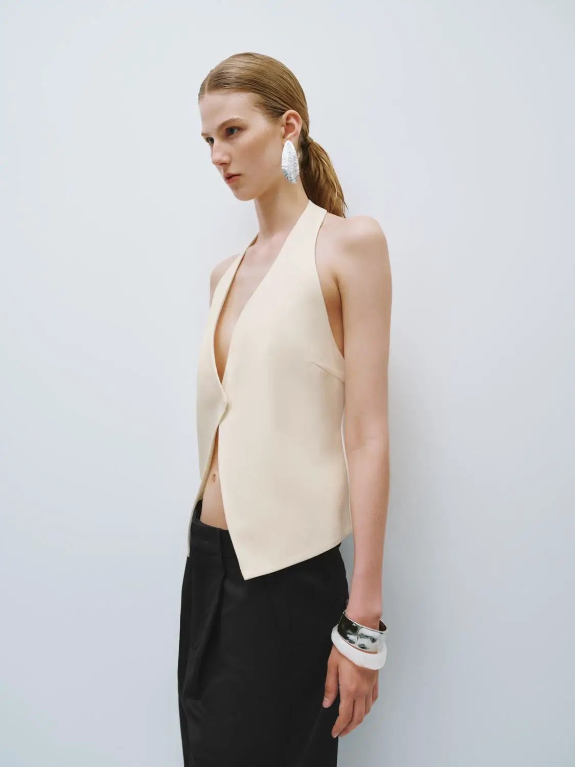 Halter Neck Deep V Overlap Front Cropped Waistcoat