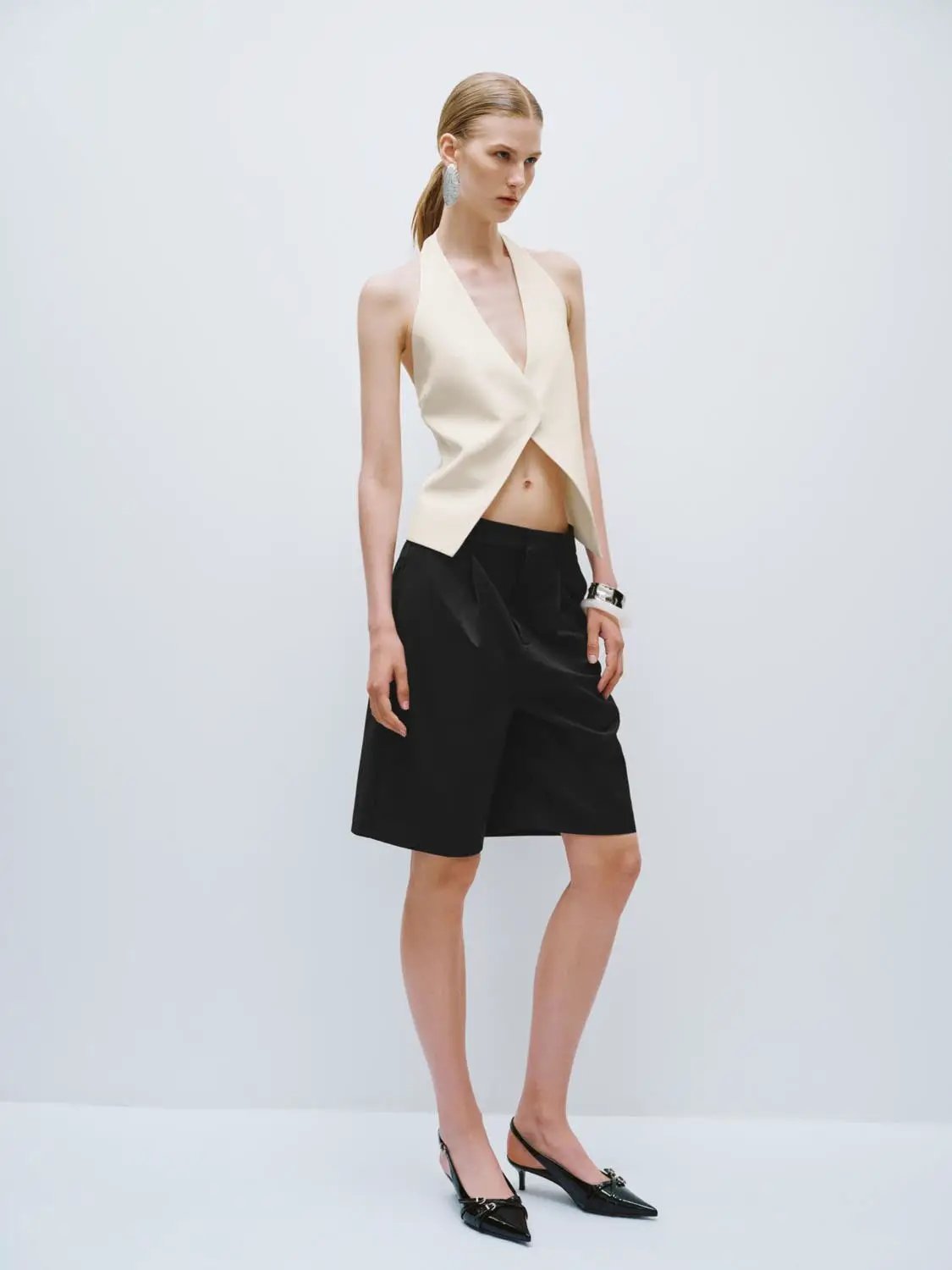 Halter Neck Deep V Overlap Front Cropped Waistcoat