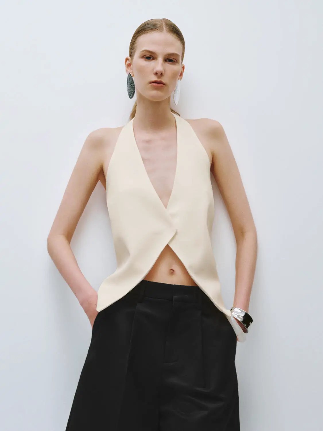 Halter Neck Deep V Overlap Front Cropped Waistcoat
