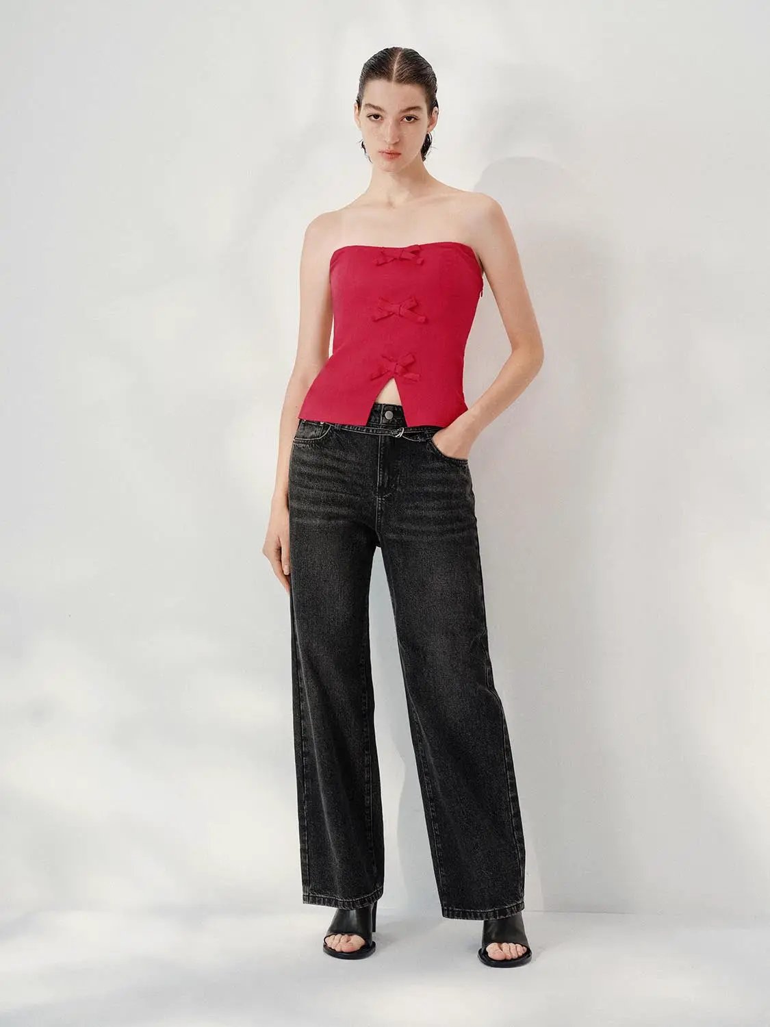 Strapless Tube Top Slit Hem Bow Decor Linen Tank Top