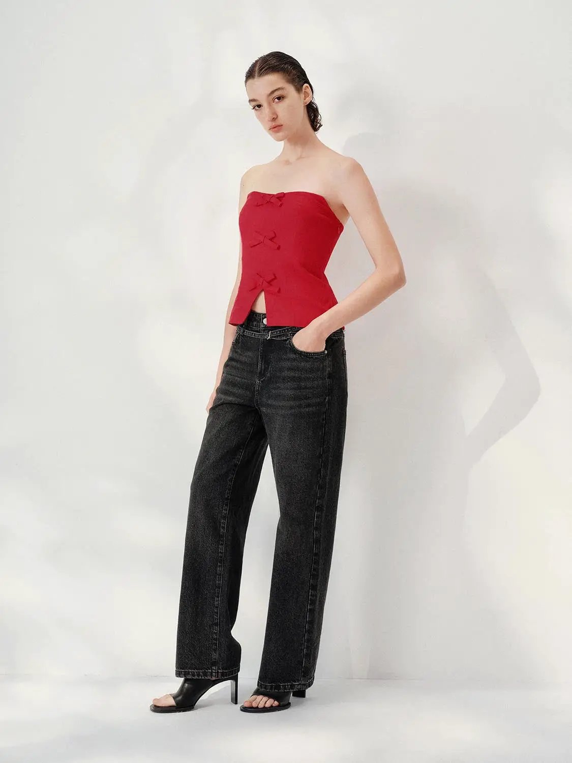 Strapless Tube Top Slit Hem Bow Decor Linen Tank Top