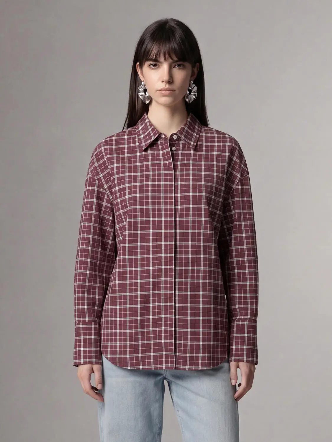 Point Collar Loose Fit Check Pattern Button Up Cotton Shirt