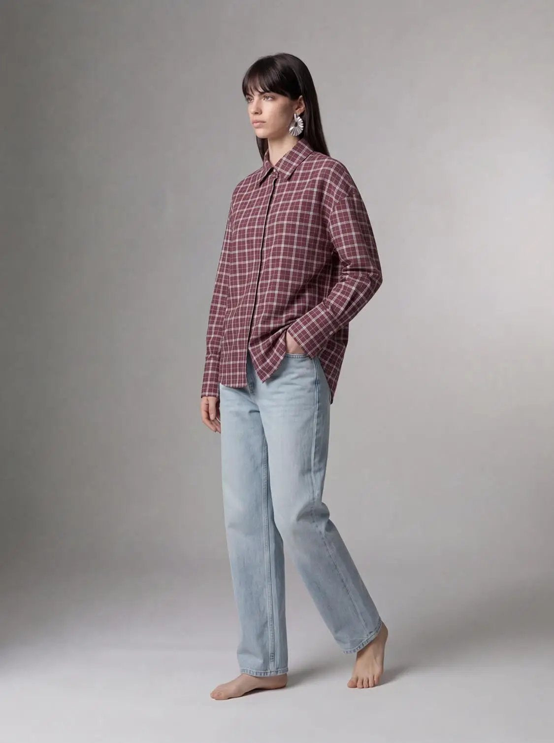 Point Collar Loose Fit Check Pattern Button Up Cotton Shirt