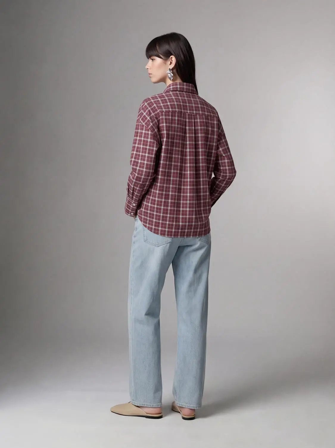 Point Collar Loose Fit Check Pattern Button Up Cotton Shirt