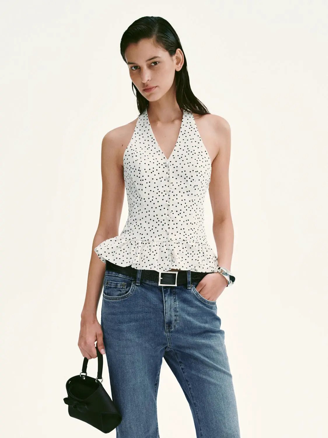 Polka Dot Halter Neck Ruffle Hem Slim Fit Cami Top