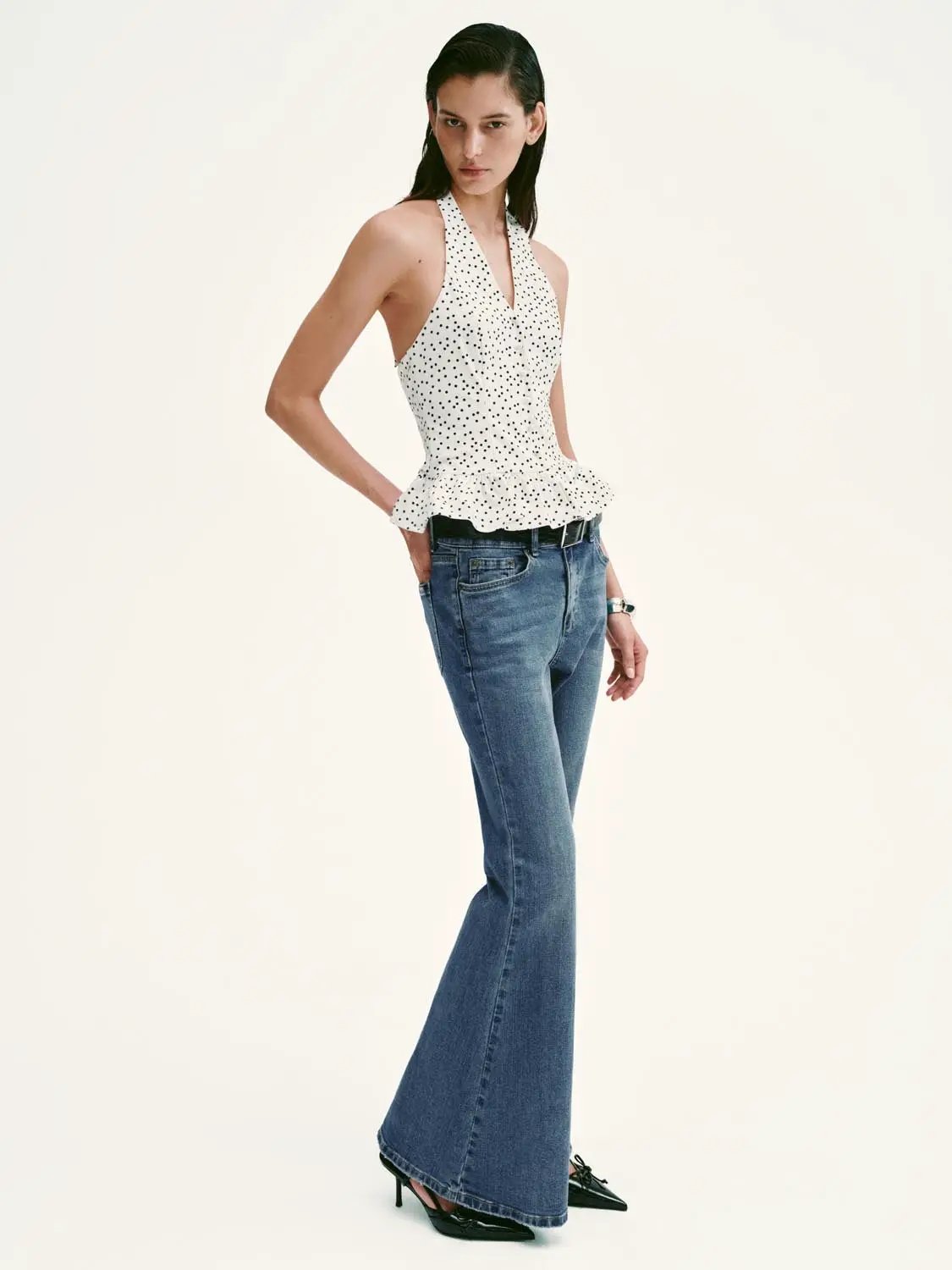 Polka Dot Halter Neck Ruffle Hem Slim Fit Cami Top