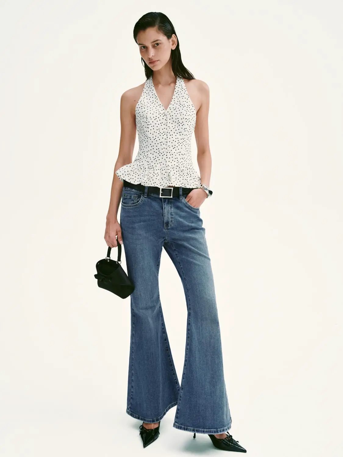 Polka Dot Halter Neck Ruffle Hem Slim Fit Cami Top