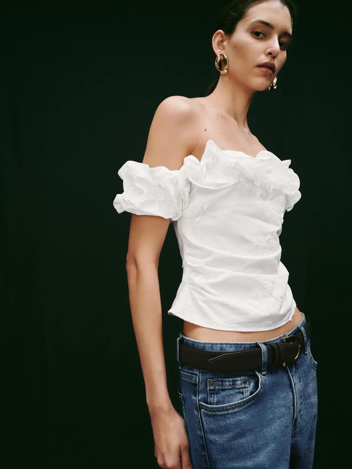 Ruffle Off Shoulder Embroidered Crop Top