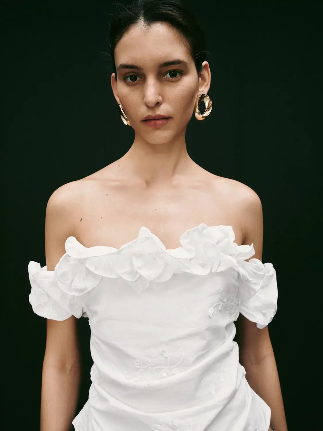 Ruffle Off Shoulder Embroidered Crop Top