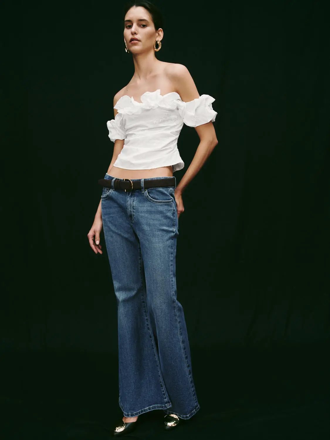 Ruffle Off Shoulder Embroidered Crop Top