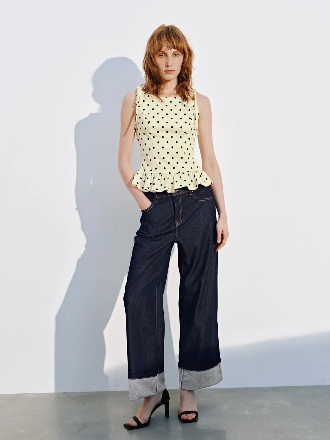Square Neck Tie Strap Polka Dot Ruffle Hem Slim Fit Cami Top