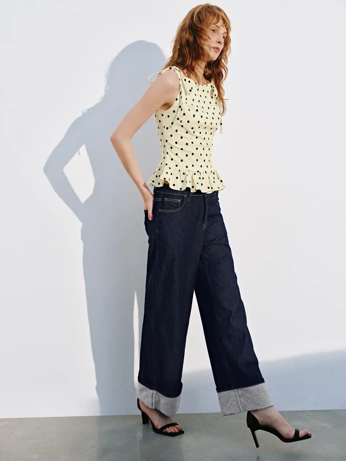 Square Neck Tie Strap Polka Dot Ruffle Hem Slim Fit Cami Top