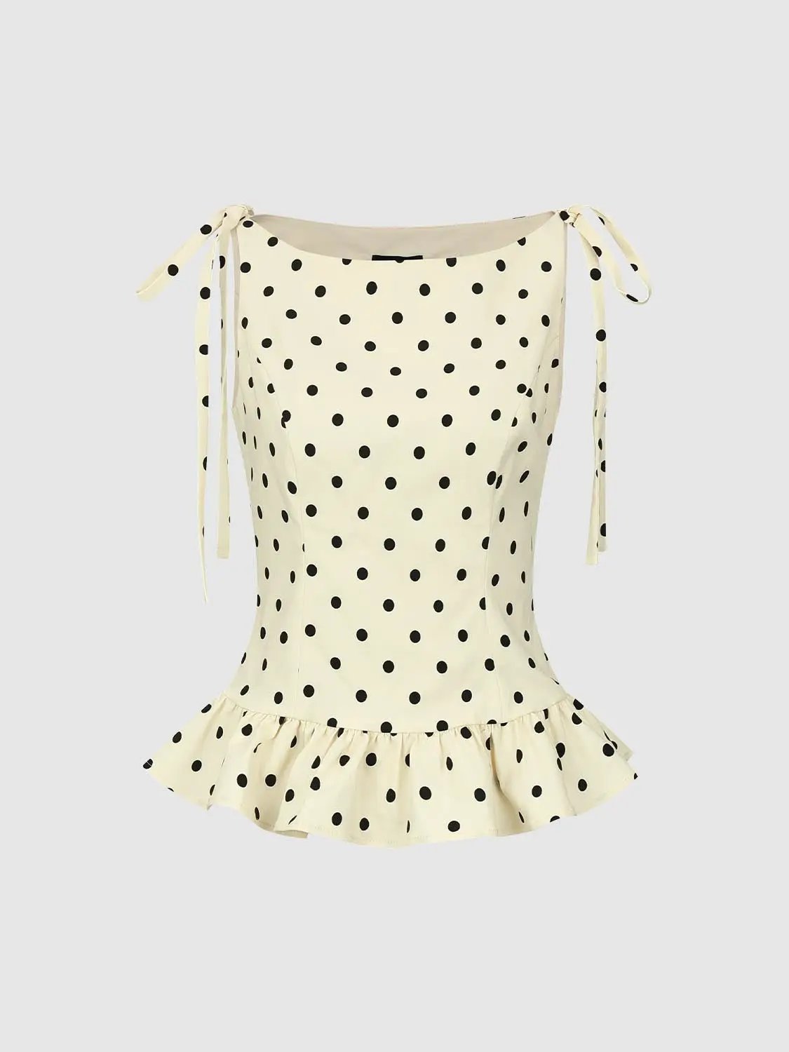 Square Neck Tie Strap Polka Dot Ruffle Hem Slim Fit Cami Top