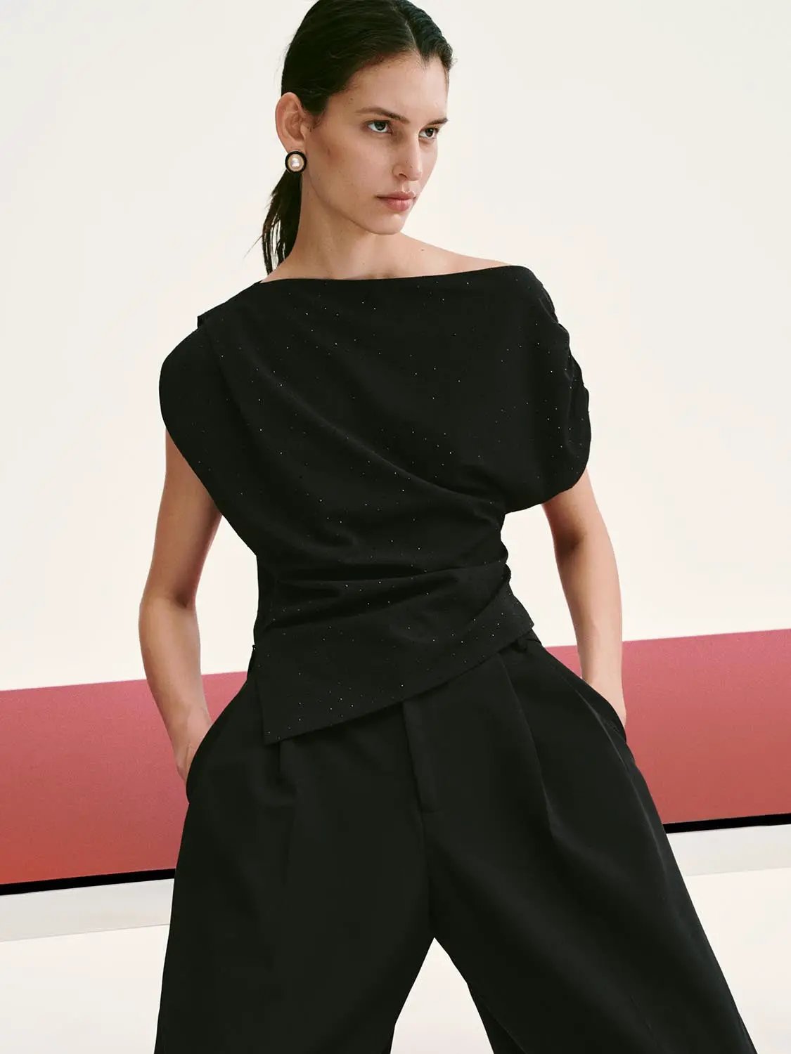 Asymmetric One Shoulder Draped Ruched Slim Stretch Blouse