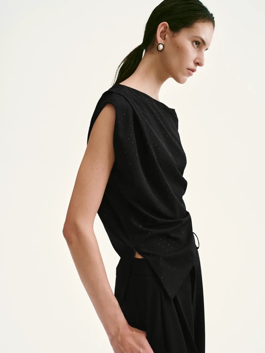 Asymmetric One Shoulder Draped Ruched Slim Stretch Blouse