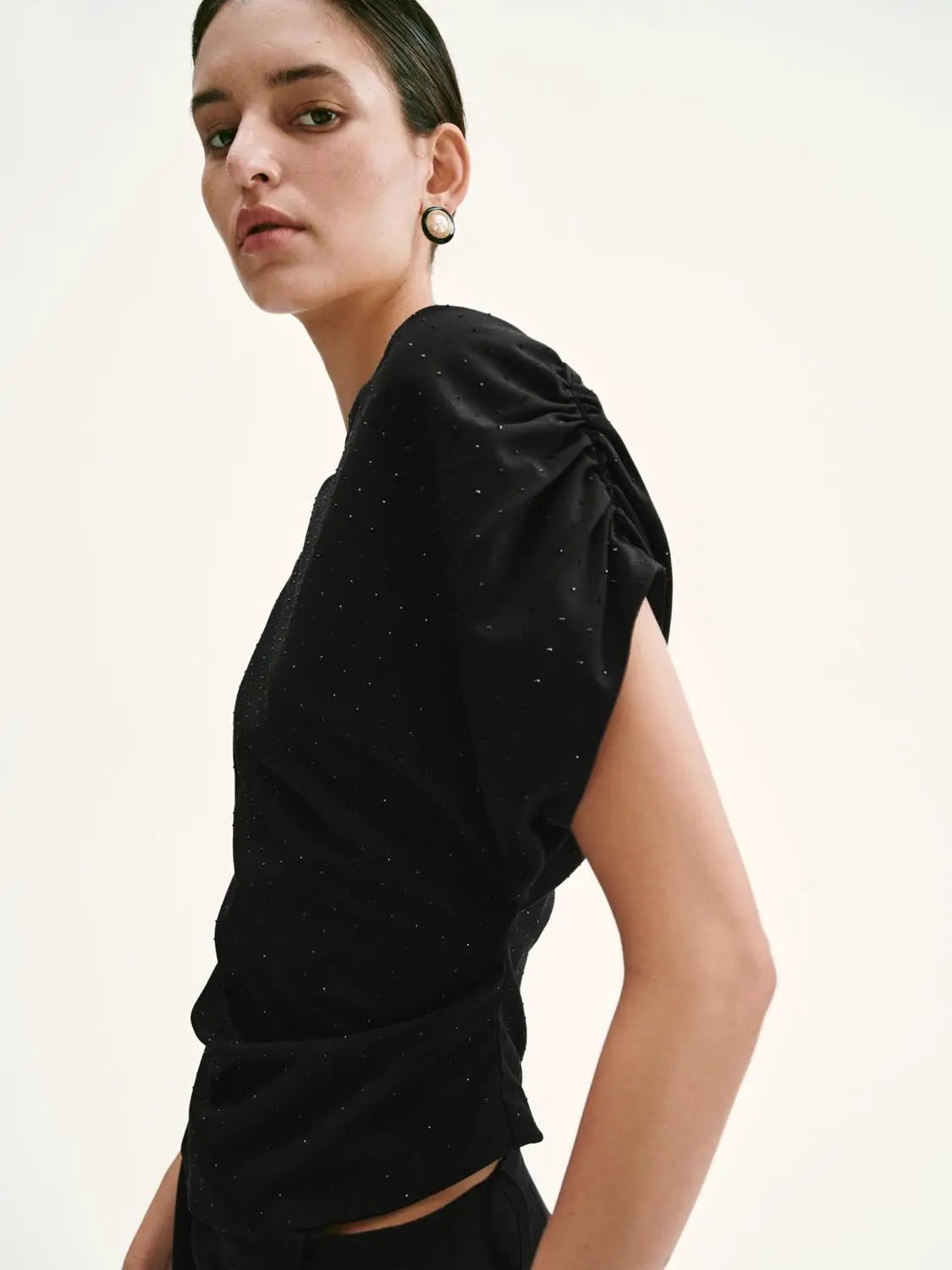 Asymmetric One Shoulder Draped Ruched Slim Stretch Blouse