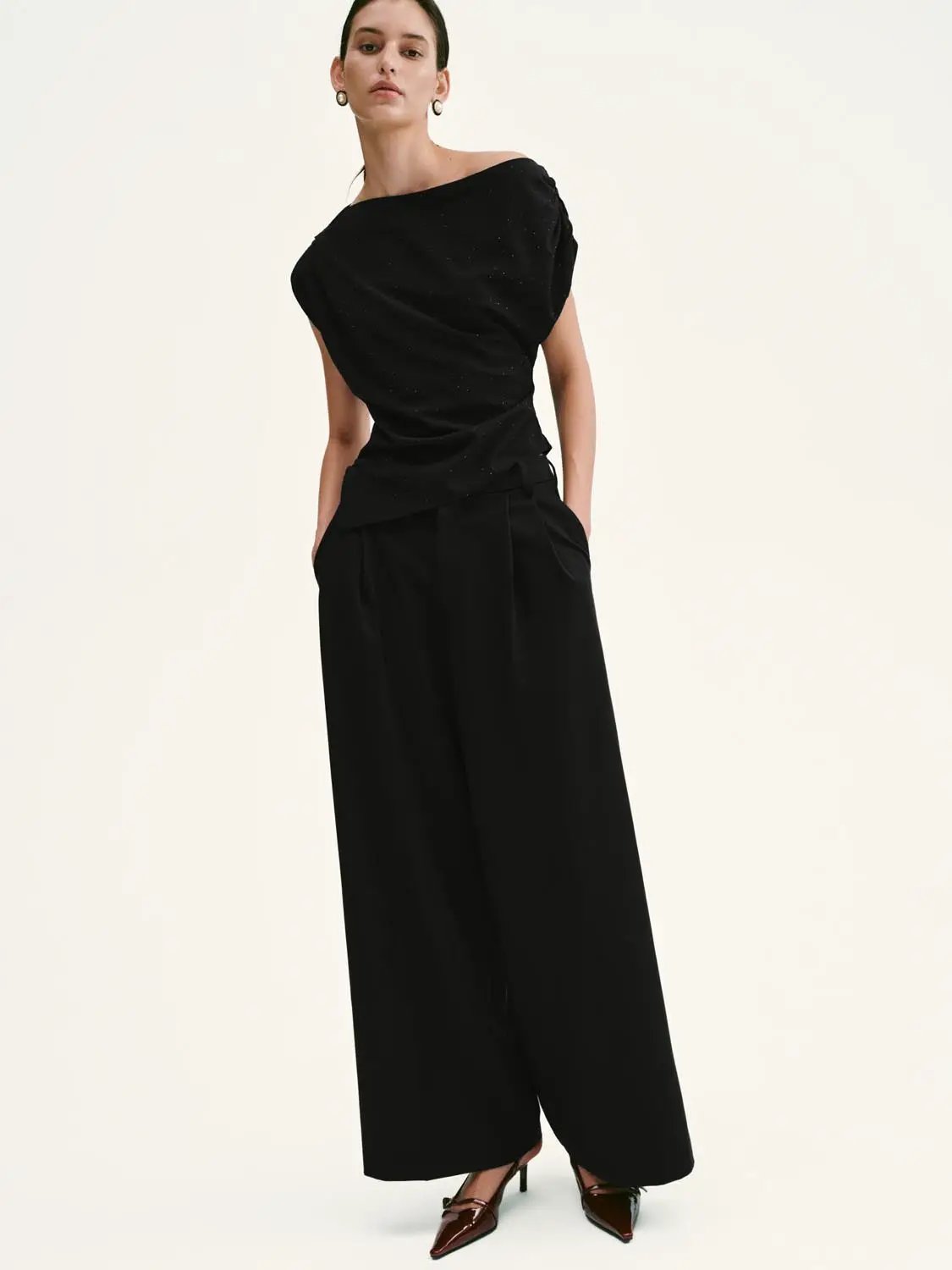 Asymmetric One Shoulder Draped Ruched Slim Stretch Blouse