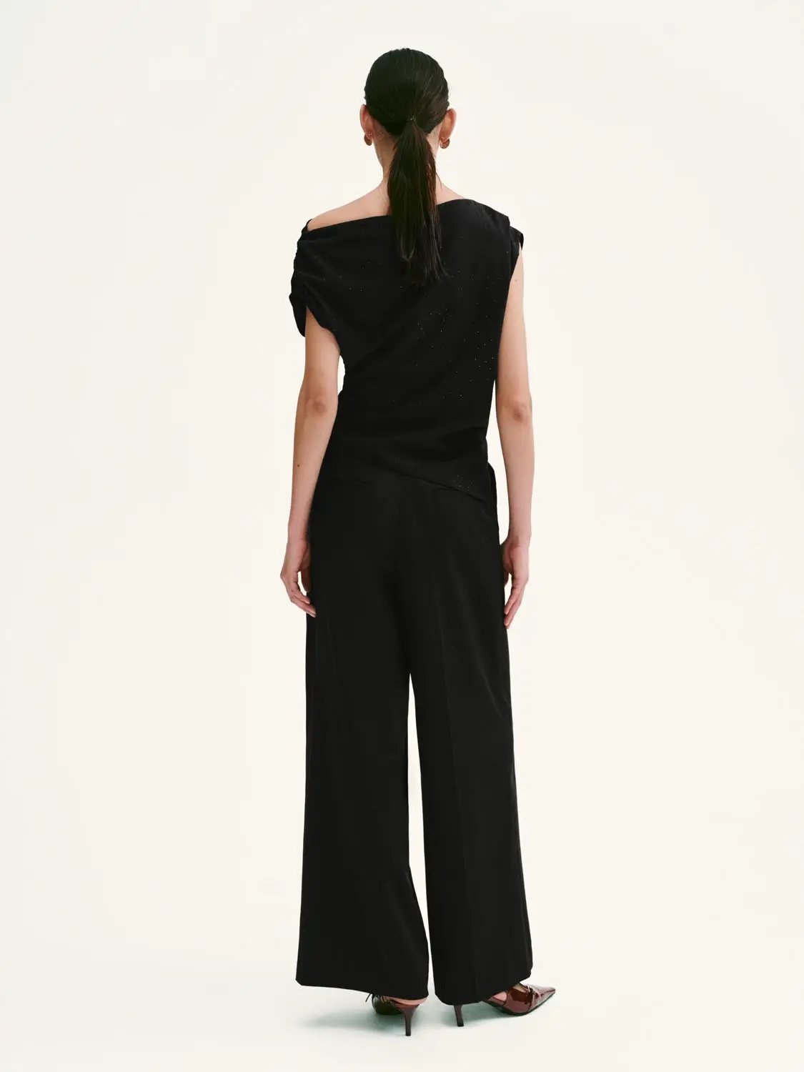 Asymmetric One Shoulder Draped Ruched Slim Stretch Blouse