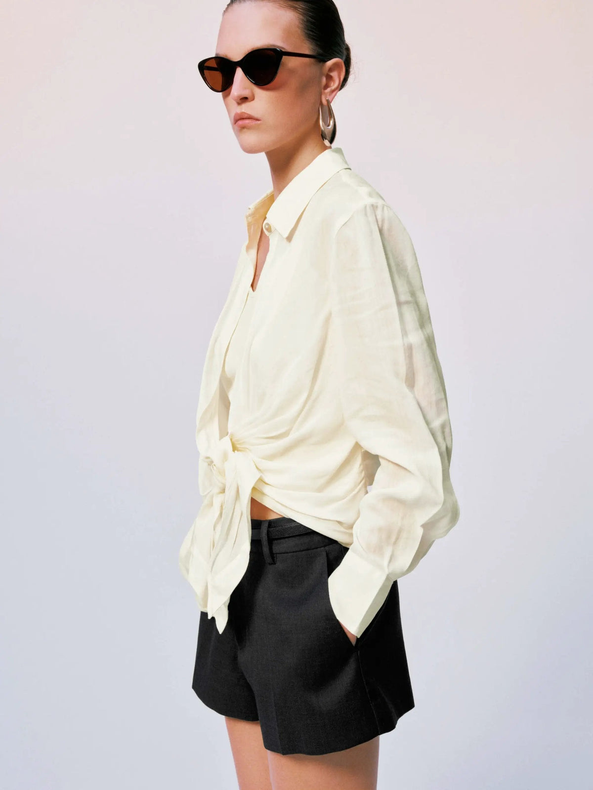 Knot Front Silk Shirred Asymmetric Shirt