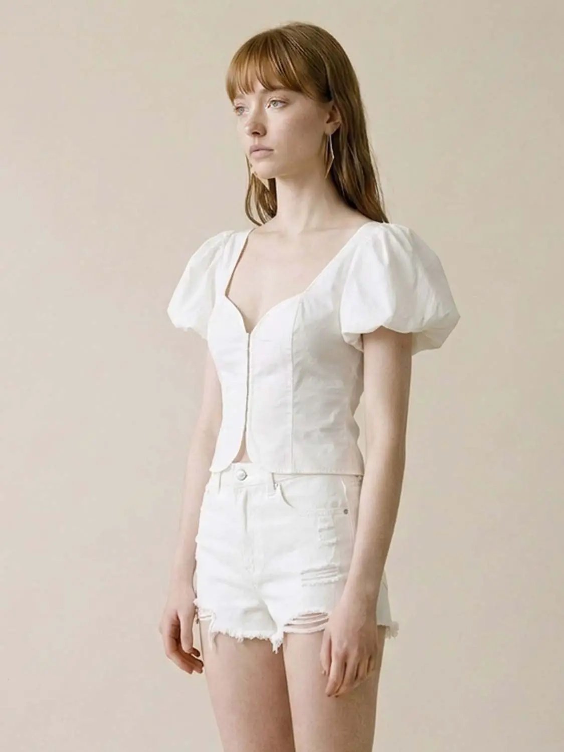 Delicate Puff Short Sleeve Front Zip Shirt