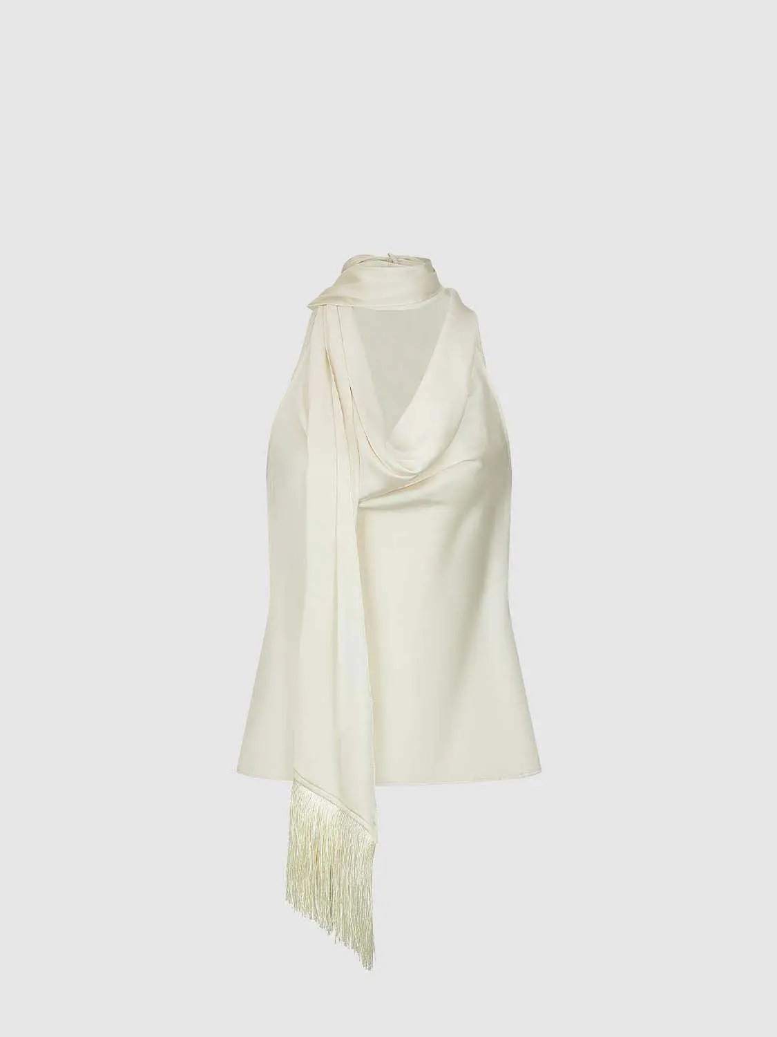 Slim Halter Cowl Neck Tassel Scarf Decor Sleeveless Blouse